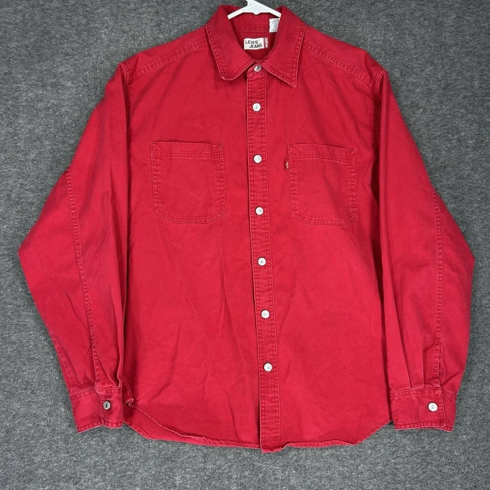 Vintage Levis Shirt Mens M Red Denim Long Sleeve Metal Buttons Western